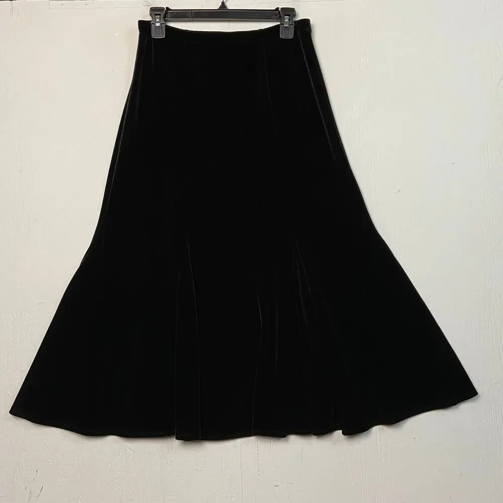 Chico's Women's Black Velvet Stretch Gored Hem Midi Skirt Size Small